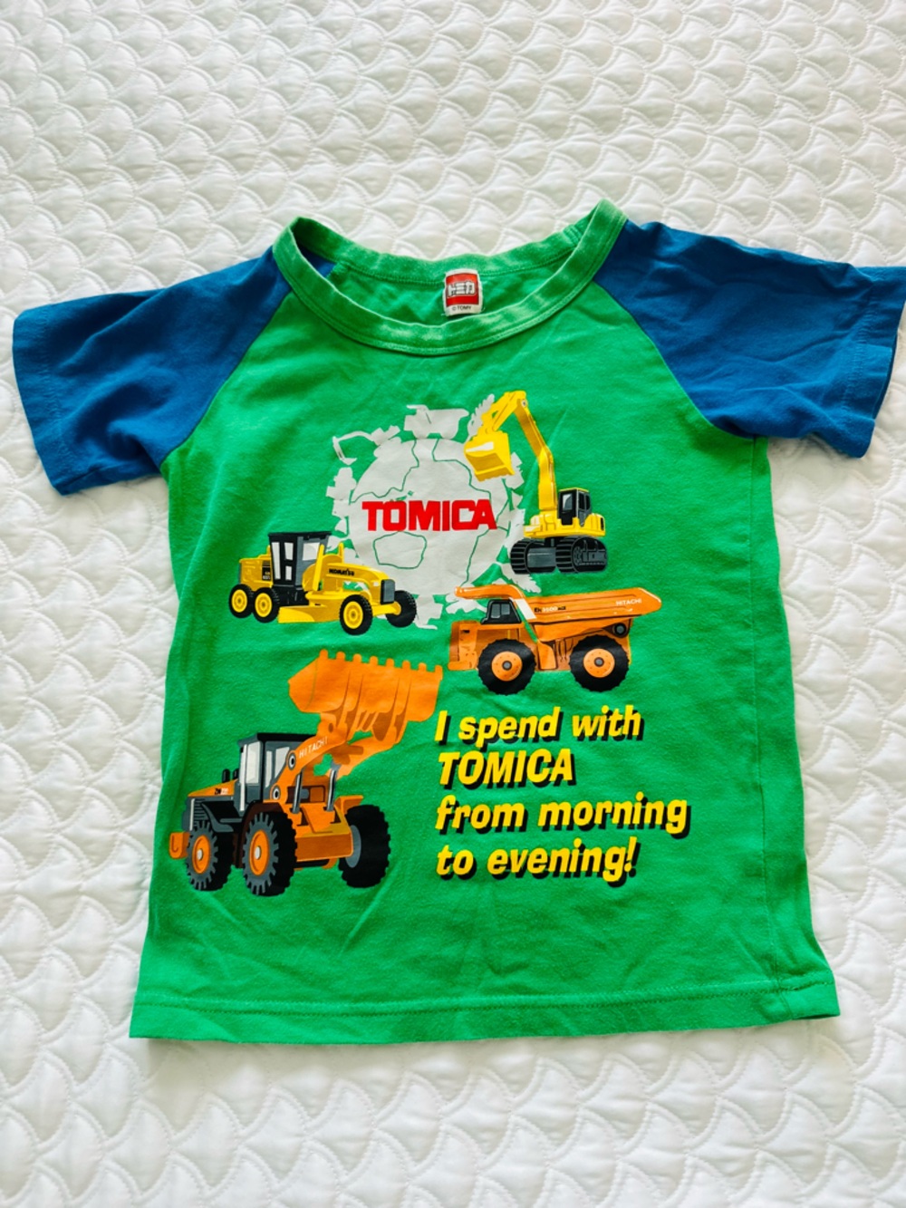 Vintage Japanese Tomica Kids Construction Graphic Tee - Green & Blue